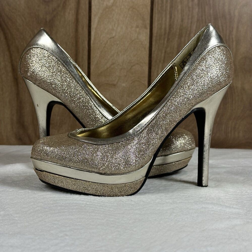Baby Phat Glitter Platform Stiletto Heels Gold Champagne Pumps Women’s Size 6.5